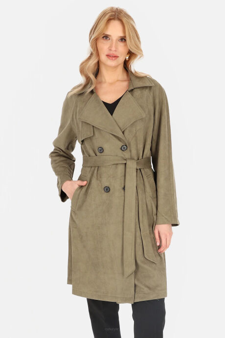 Dwurzędowy trencz w kolorze khaki z imitacji zamszu