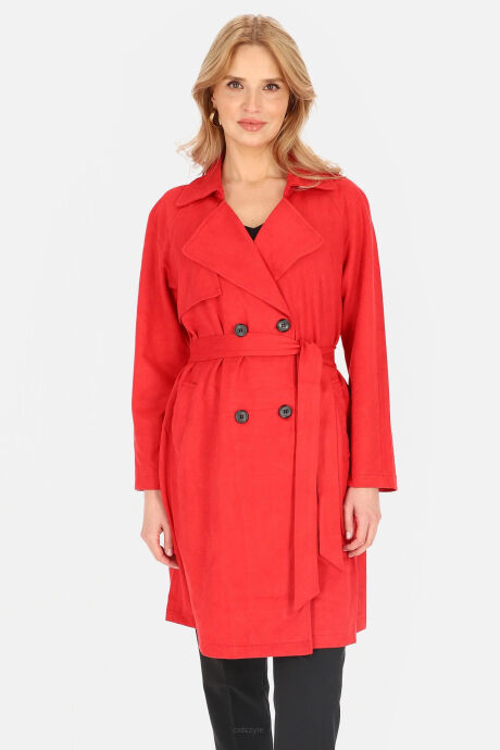 Dwurzędowy trencz w kolorze czerwonym z imitacji zamszu