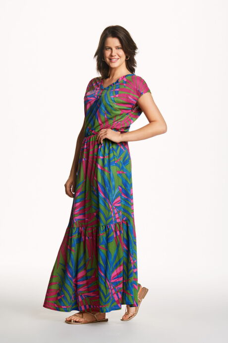 Długa, kolorowa sukienka z motywem roślinnym
