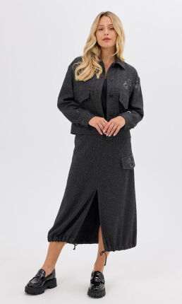 Ciemnoszara spódnica midi z rozcięciem i kieszonką