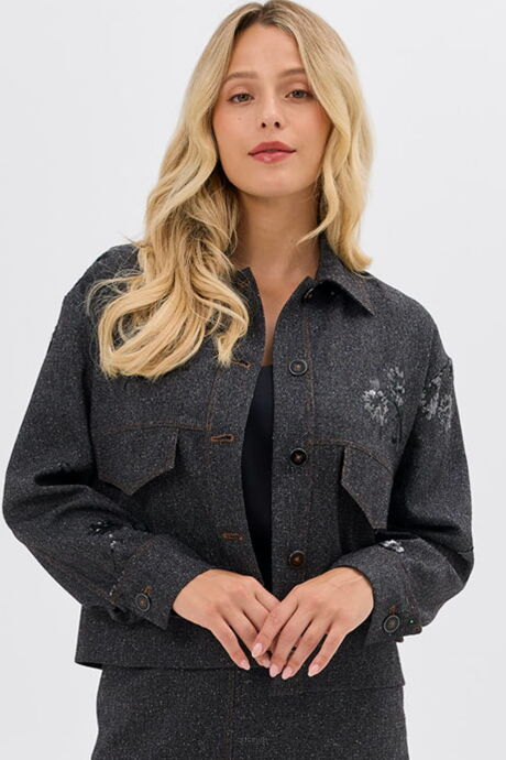 Ciemnoszary żakiet damski z kieszeniami i haftem