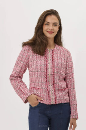 Różowy żakiet tweedowy z ozdobnymi frędzlami