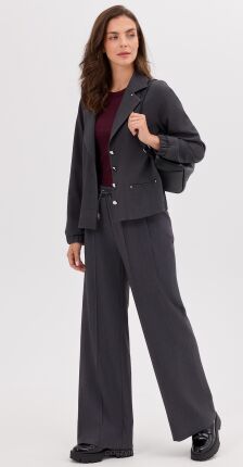 Grafitowe spodnie z szeroką nogawką i wiązaniem w pasie