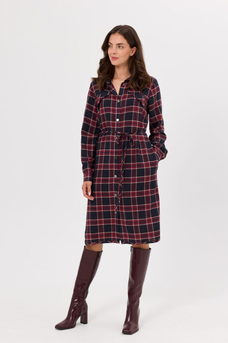 Sukienka koszulowa w granatowo-bordową kratę
