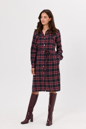 Sukienka koszulowa w granatowo-bordową kratę