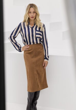 Koszula damska w pionowe pasy granatowo-beżowe